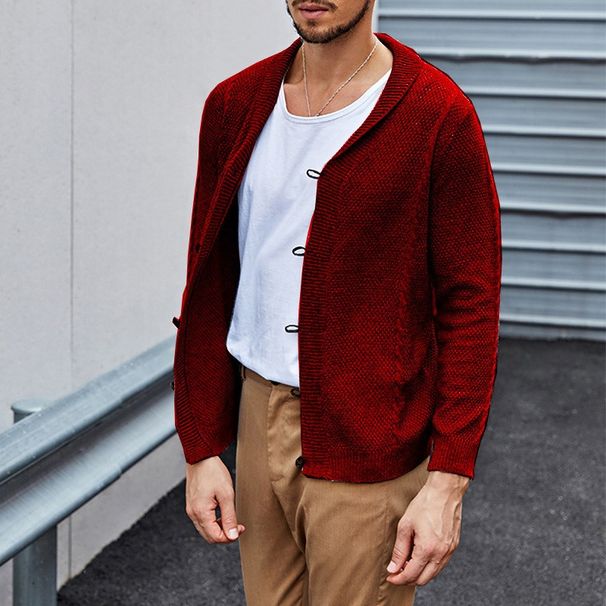 Grobstrick-Cardigan für Herren mit fallendem Revers und Lederknöpfen – Langärmliger Zopfstrickpullover (S-3XL, 6 Farben)_voghion.com