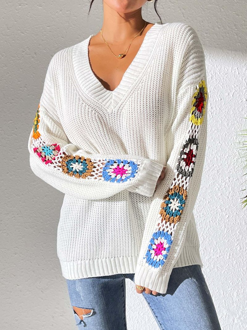 Hand-Crochet Boho Sweater – Oversized V-Neck Pullover With Floral Appliqué (S-XL, Acrylic Knit, Winter Casual Chic)​_voghion.com
