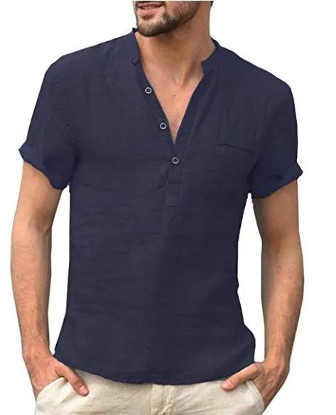Maglietta estiva da uomo in cotone e lino, a maniche corte, con colletto rialzato, mezza aperta, design semplice, traspirante, casual._voghion.com