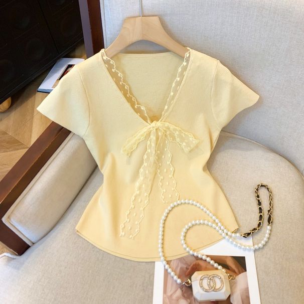 Maglietta a maniche corte in maglia con scollo a V, da donna, Real Shot_voghion.com