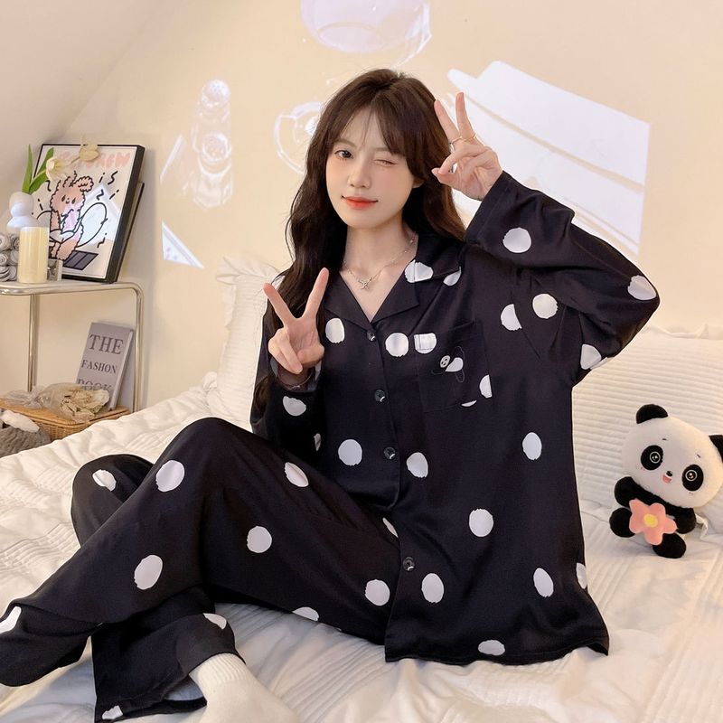 2024 Spring and Autumn New Pajamas Women's Woven Silk Long Sleeve Dots Couples Can Wear Outerwear Home Clothes_voghion.com