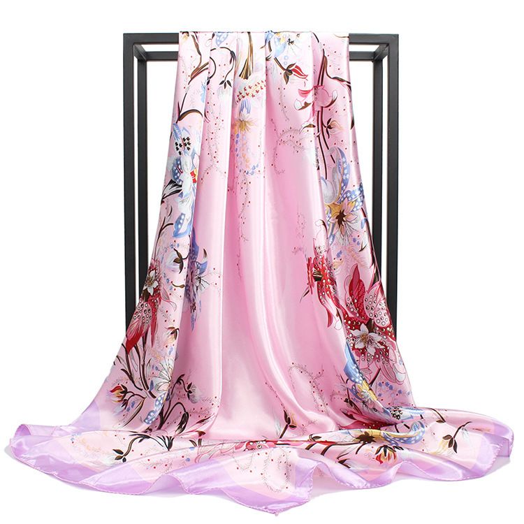 Spring And Autumn Women's Versatile Square Rose Flower Pattern Printed Satin Scar Travel Sun Protection Muslim_voghion.com