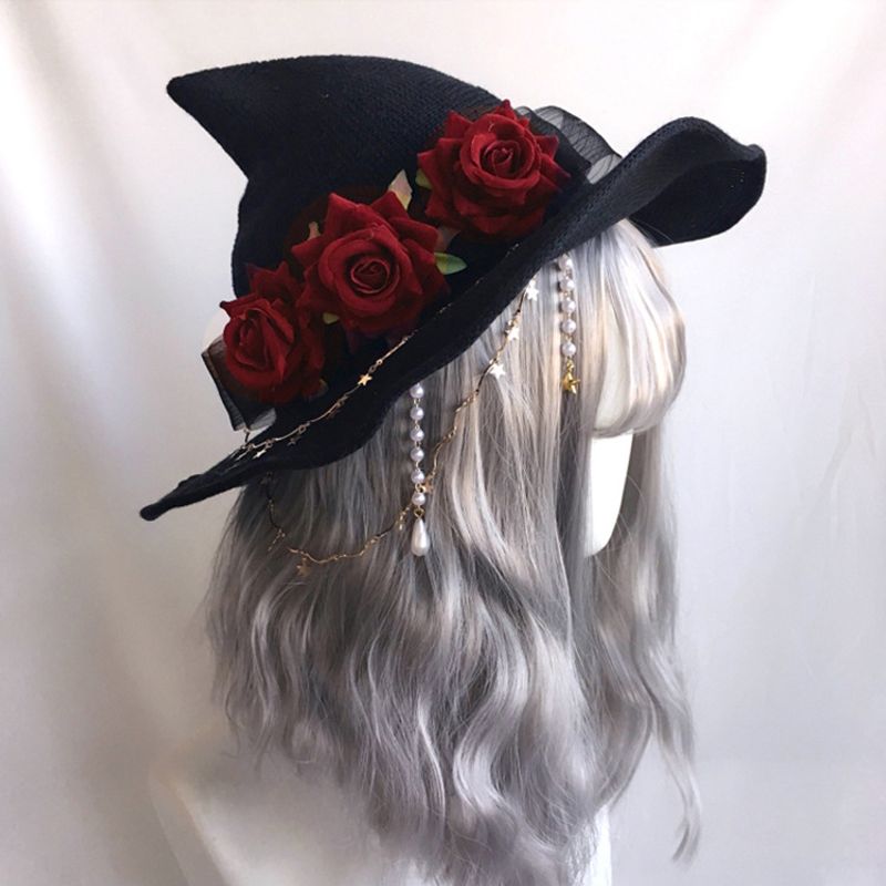 Nov klobuk Halloween Temna deklica Čarovniška parada Lolita Žametni čarovniški klobuk s širokimi krajci, roza čarovniški klobuk_voghion.com