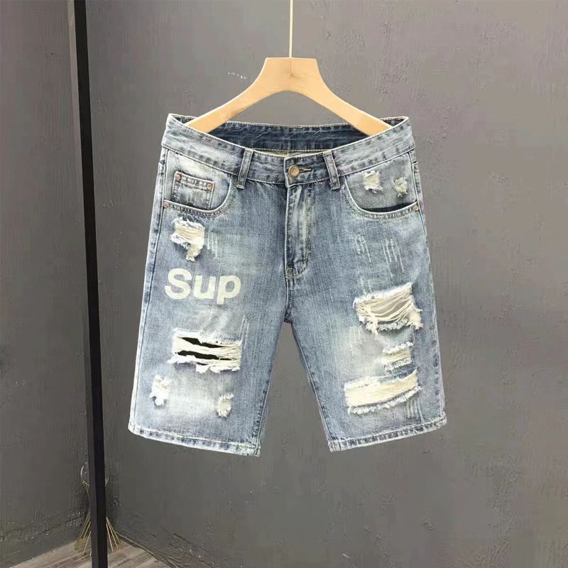 2024 denim capris Korean version trendy perforated print high-end shorts summer slim fit elastic leggings_voghion.com