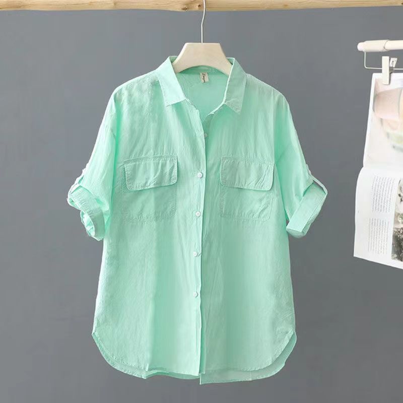 Camicia estiva da donna in cotone a maniche corte, tinta unita, nuova, con design a doppia tasca, ampia e sottile._voghion.com