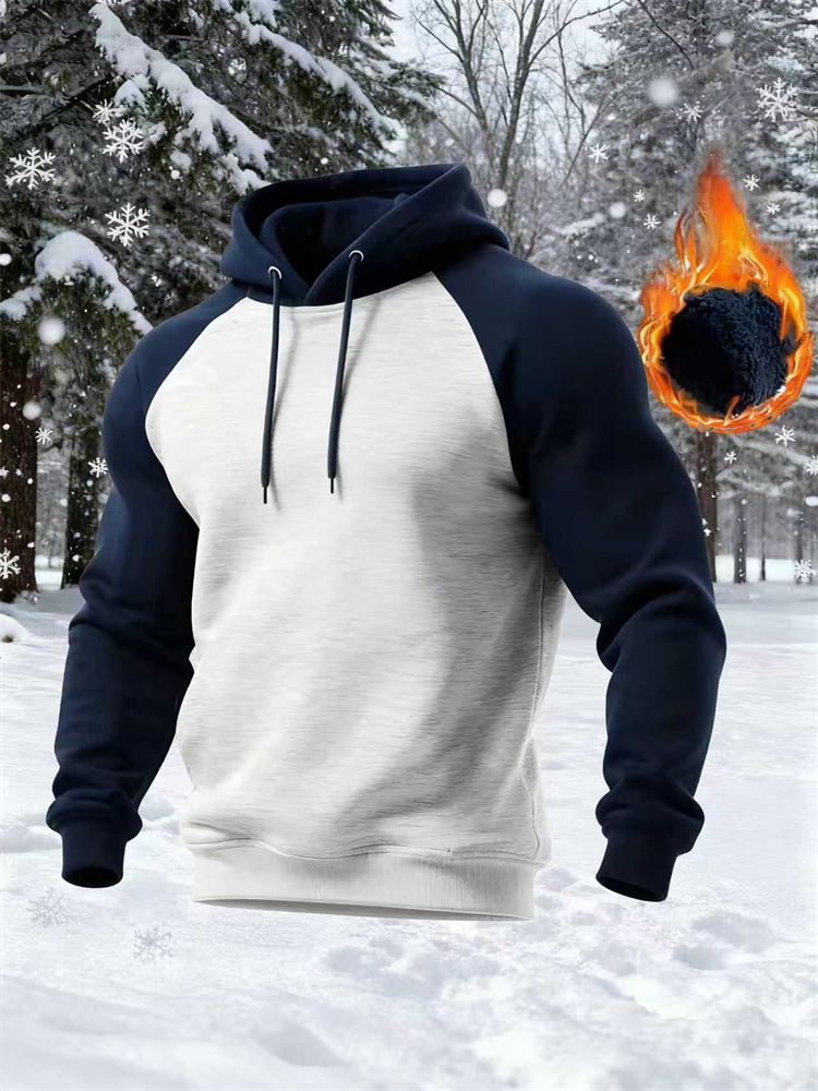 Men's Retro American Style Pullover Hoodie With Color Block Design, Fleece Lined, Relaxed Fit, Long Sleeve, Zipper Front, Casual Streetwear For Winter_voghion.com