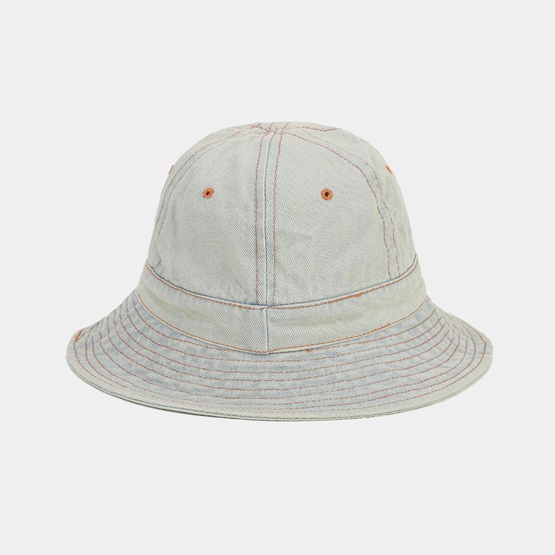 Litterær retro denim splicing kuppelbassinhat trendy mode simpel bøllehat showface lille hat_voghion.com