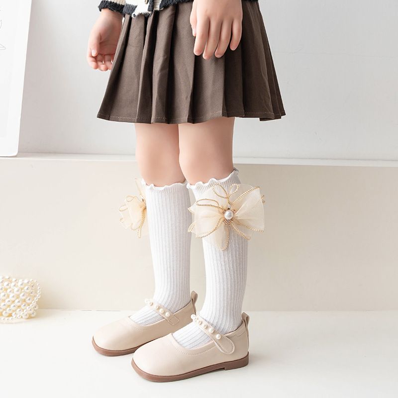Kid's Clothing Pearl Flower Girls Socks Cute Children Bowknot Middle Socks Spring and Autumn Girls Stacked Socks Lolita Princess Socks_voghion.com