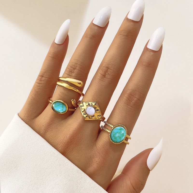 New Braided Set Of 6 Gold Wave Knuckle Turquoise Women's Rings_voghion.com