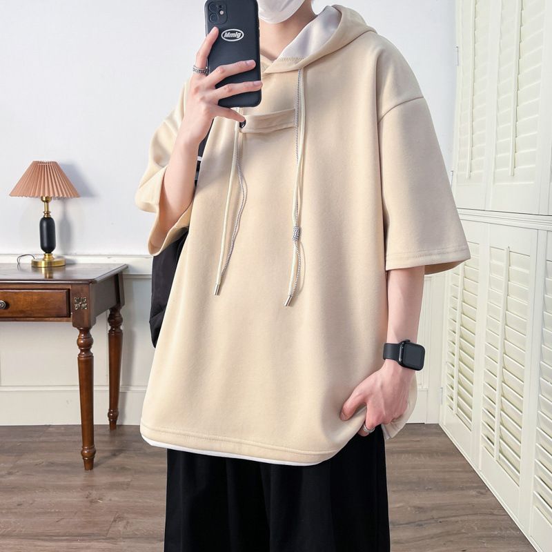Hooded men's short sleeved medium sleeved T-shirt, summer youth quarter sleeved casual thin student solid color top trend_voghion.com