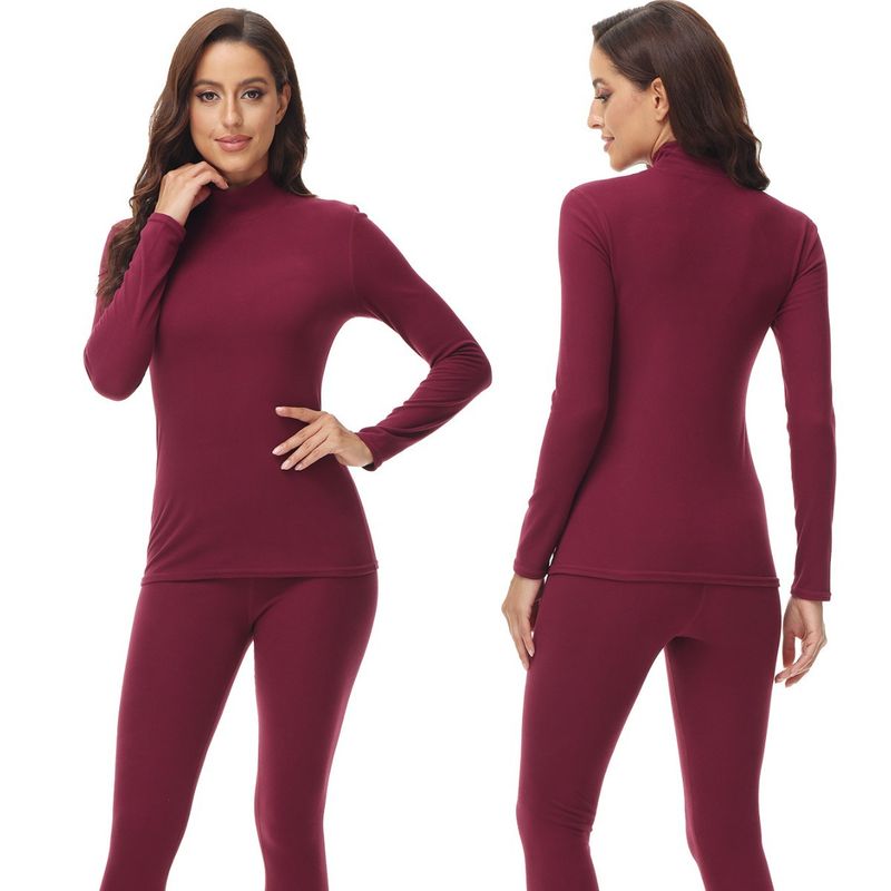 Women's Thermal Underwear Set High Neck Fleece Lined Long Sleeve Tops & Pants Winter Warm Base Layer Soft Stretchable Dralon Fabric Pure Color_voghion.com