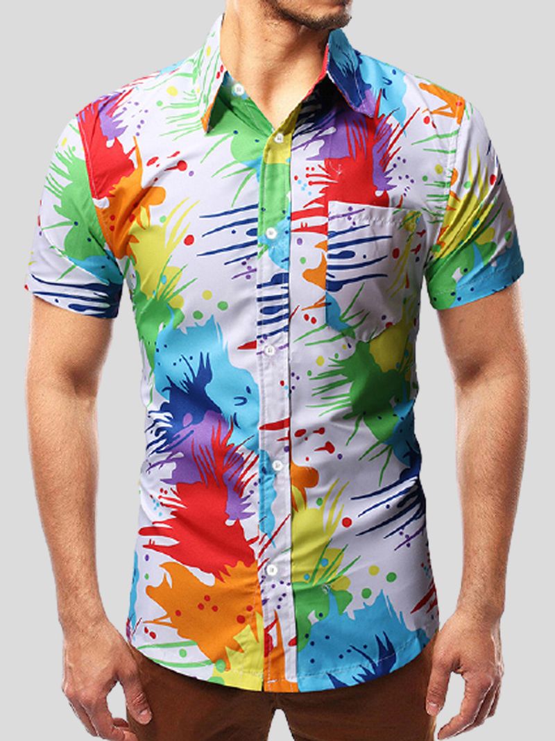 Men's casual loose rainbow striped beach print men's short-sleeved shirt shirt_voghion.com