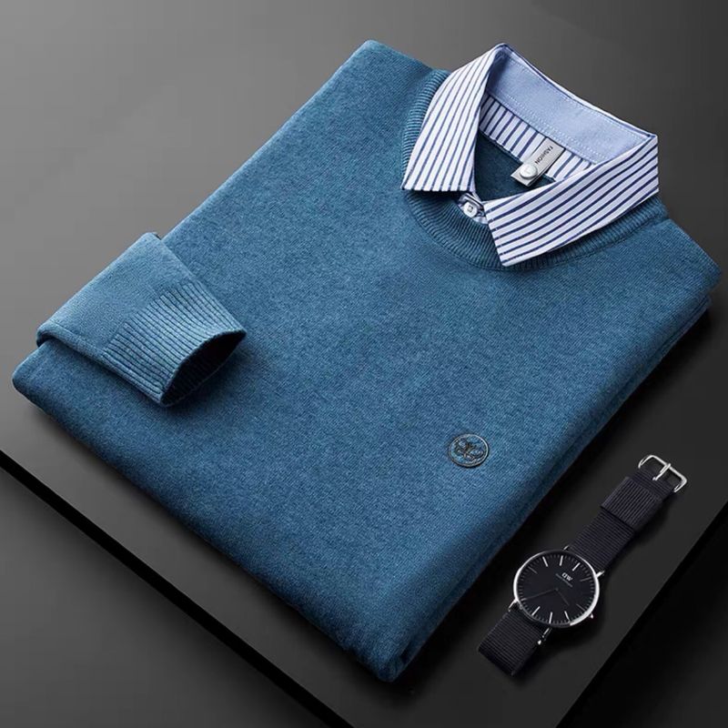 Herrenbekleidung Herbst dünn gestreiften Hemdkragen Spleißen zweiteiligen weißen Pullover Herren schlanke Business Casual Pullover Männer_voghion.com