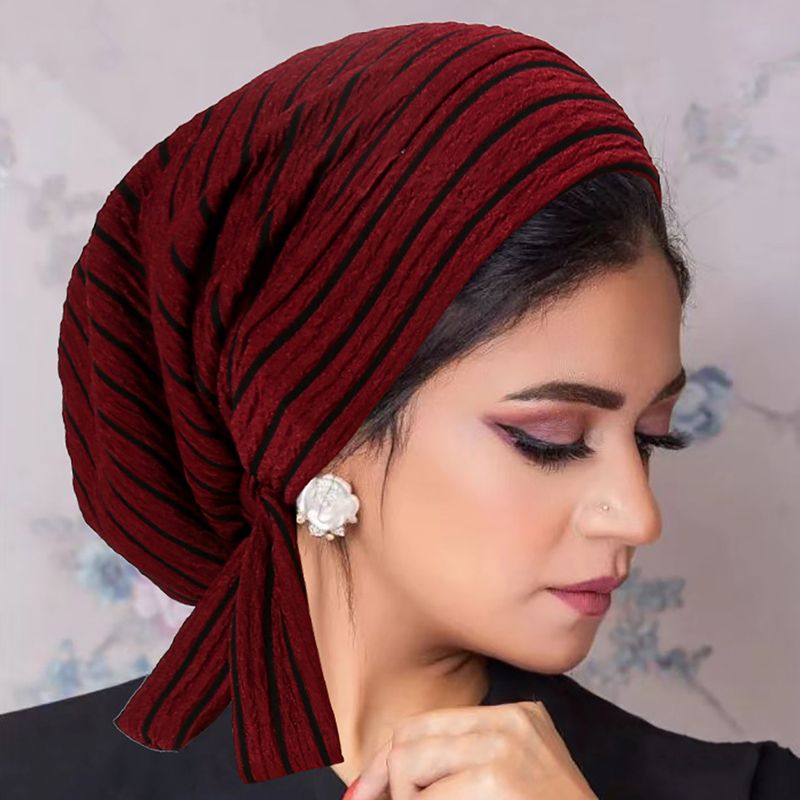 çizgili uzun kuyruklu bandaj başörtüsü şapka kemoterapi kep dalgalı desen bayan şapkası_voghion.com