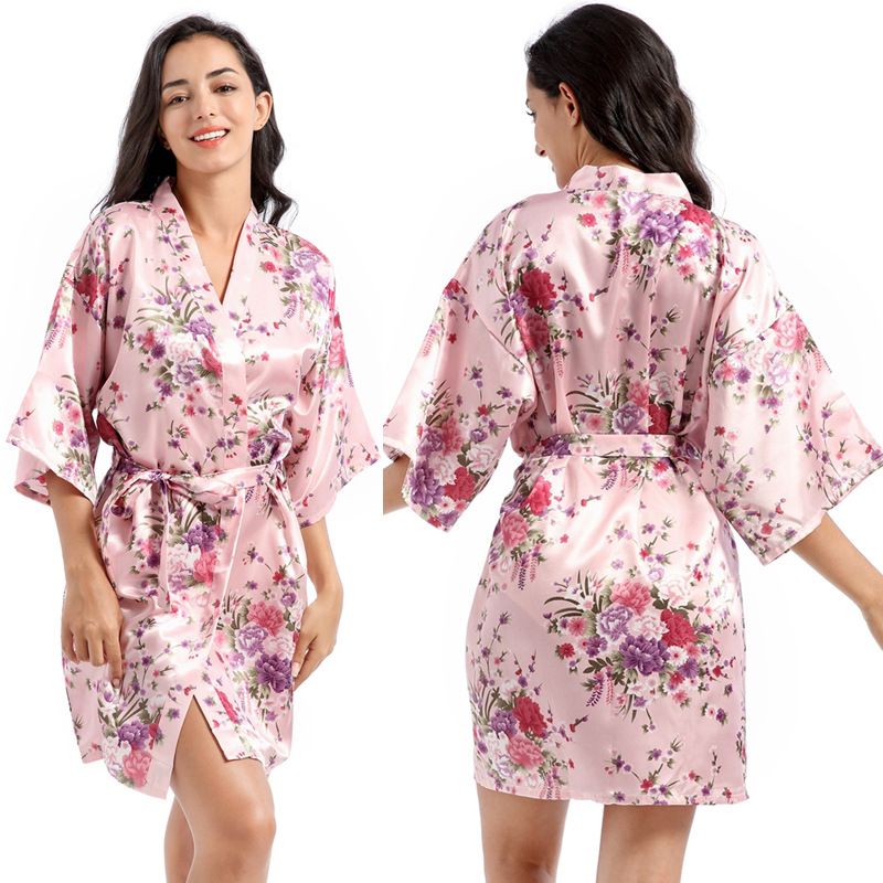 Women's Sleepwears summer home short cardigan nightgown thin large size loose satin silk printed daffodil morning gown_voghion.com