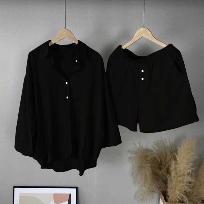 Abbigliamento da donna Camicia tinta unita Abito due pezzi Pantaloncini casual Nuova moda primaverile Abito da donna_voghion.com