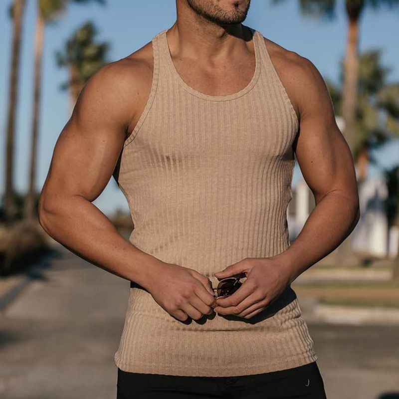 Vêtements pour hommes, nouveauté, été, sport, fitness, respirant, manches courtes, gilet à rayures verticales, chemise élastique sans manches pour hommes_voghion.com