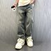 Men's Clothing Print High Street Fashion Brand Ins Design Jeans Loose Straight Washed Wide Leg Long Pants_voghion.com