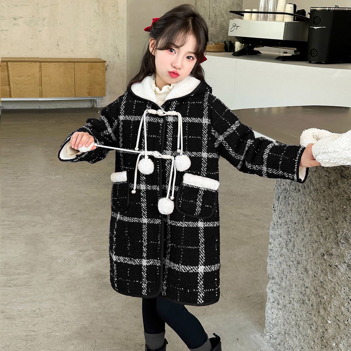 Cappotto in lana scozzese double-face per bambine e ragazze, con fodera in pile, giacca invernale lunga per bambini, capospalla caldo ed elegante_voghion.com