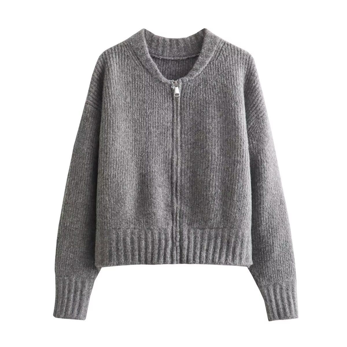 Women's Retro Knit Cardigan Pilot Jacket Stylish Casual Outerwear For Fall, Streetwear Vintage Coat With Comfortable Polyester Fabric (Grey, XS/S/M/L)_voghion.com