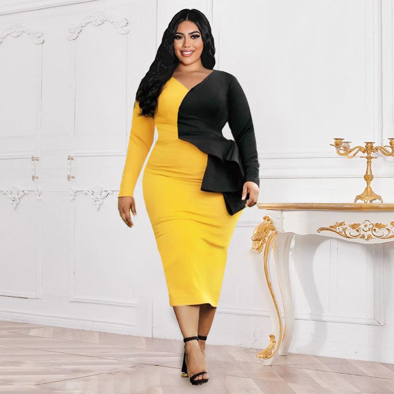 Plus size women's color matching ruffle dress Sexy V-neck party dress yellow party dresse_voghion.com