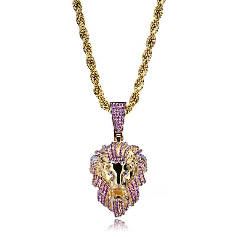 Personality Lion Head Hip-hop Men's Pendant Real Gold Electroplated Micro-inlaid Zircon Trendy Necklace_voghion.com