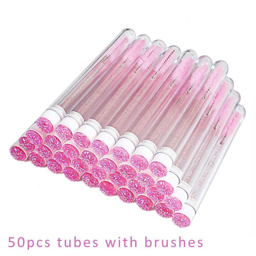 50pcs Reusable Eyelash Brush Tube Disposable Eyelash Wands Eyebrow Brush Replaceable Dust-proof Sparkling Broken Diamond Bottom_voghion.com