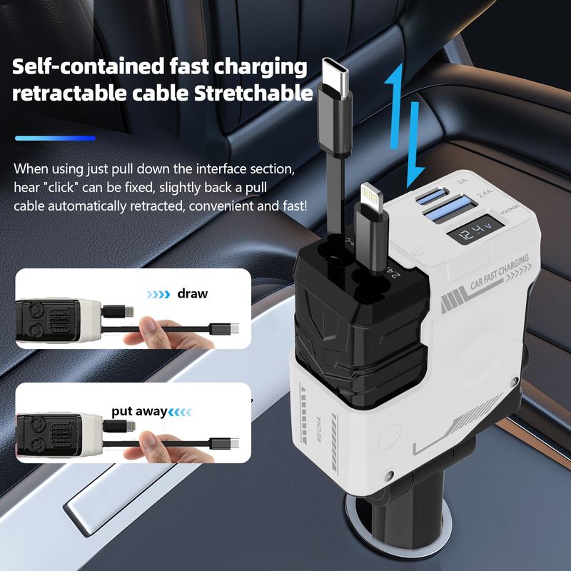 Car Chargers Supports 66W Super Fast Charging Flash Charging Retractable Cable Four In One Cigarette Lighter_voghion.com