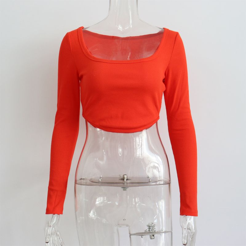 Dames T-shirt met lange mouwen Herfst- en wintertaille Bottoming Shirt Sexy vierkante hals Korte geribbelde gebreide top_voghion.com