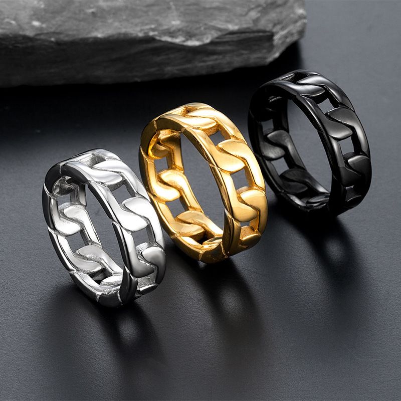 Hot Selling Creative Hollow Design Titanium Steel Cuban Chain Personality Men's Ring Trendy Brand Jewelry_voghion.com