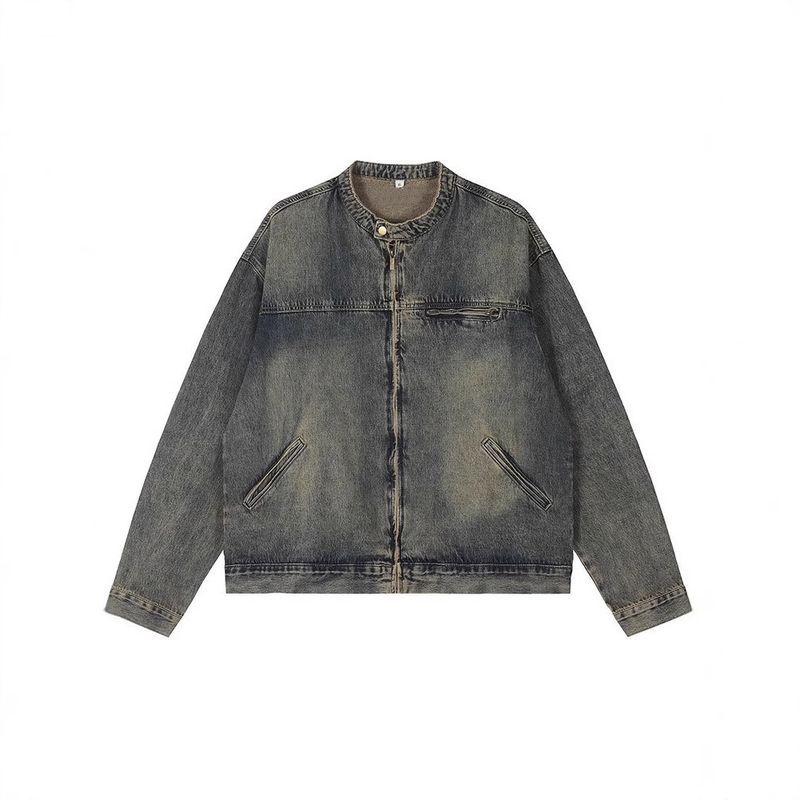 Giacca in denim blu retrò, tinta fango, lavata e usurata, da uomo, stile casual, versatile e adatta alla strada._voghion.com