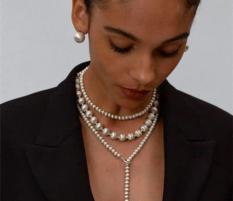 Heavy Brushed Ball Bead Necklace For Women Light Niche Design Stacking Frosted OT Buckle Bracelet Sweater Chain_voghion.com