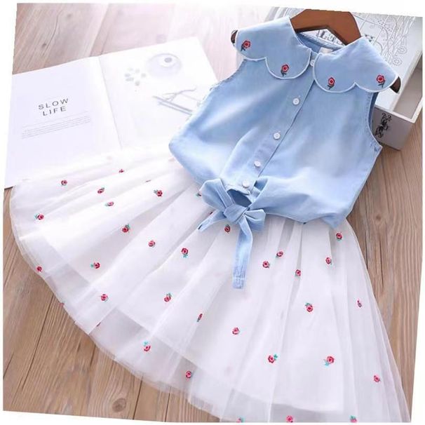 Set due pezzi con top in denim con risvolto ricamato e gonna in rete da principessa per ragazze_voghion.com