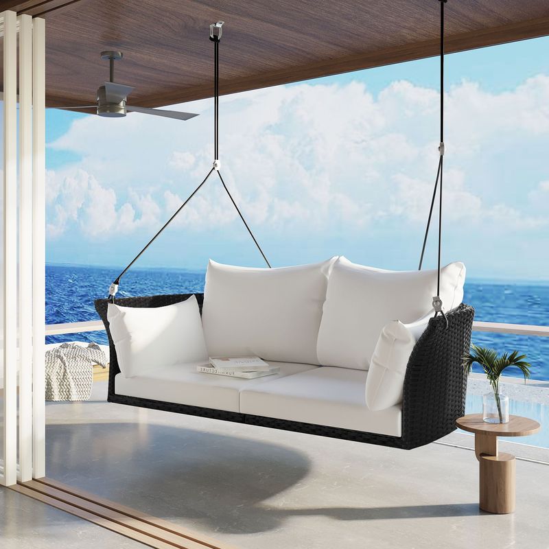 51.9" 2-Person Hanging Seat, Rattan Woven Swing Chair, Porch Swing With Ropes_voghion.com