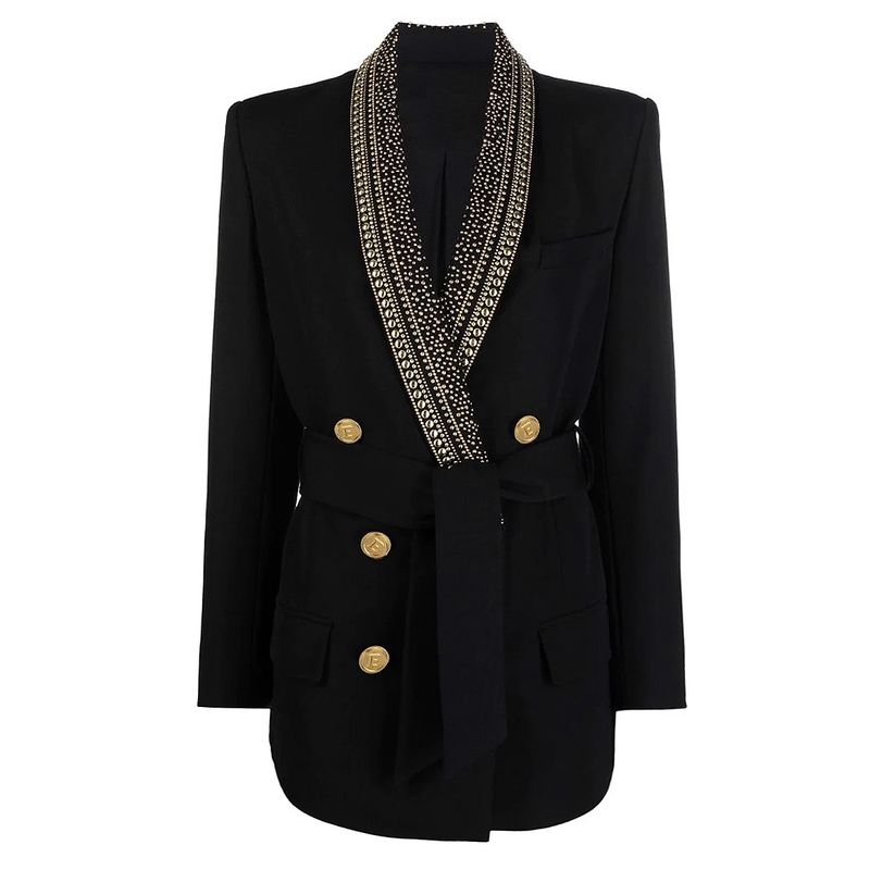 Vêtements pour femmes En stock 2024 automne et hiver mode nouvelle ceinture bronzante col de fruits verts veste de costume mi-longue pour femme noir et blanc_voghion.com