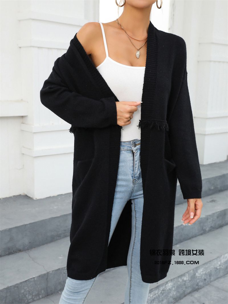 Maglione da donna con frange e temperamento tascabile, cardigan lungo taglie forti_voghion.com