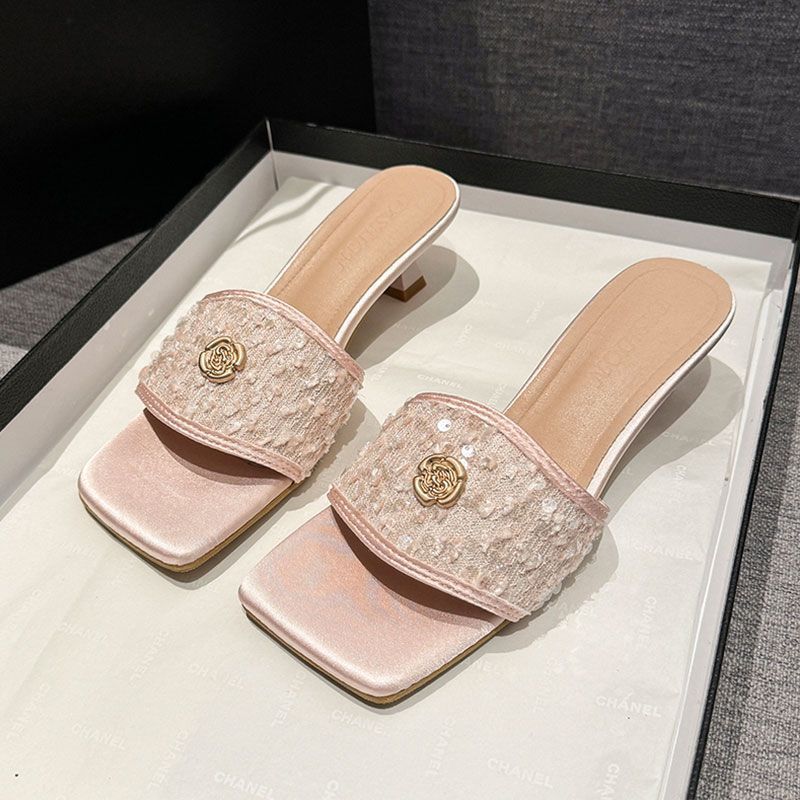 Xiaoxiangfeng Niche Sequin High-heeled One-piece Slippers For Summer Outdoor Wear, 2025 Fashionable Women's Slim Heel_voghion.com