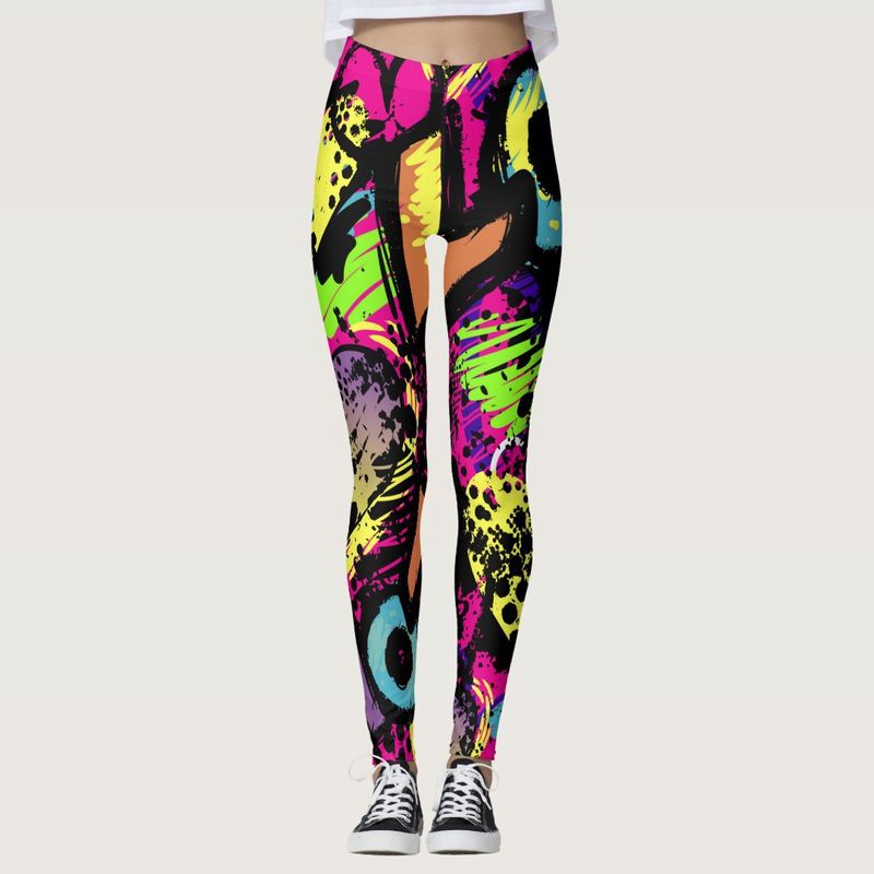 Calças coloridas com estampa de graffiti plus size fitness sports moldando calças de ioga com cintura alta_voghion.com