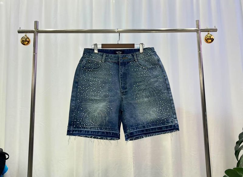 Men's Clothing Denim Shorts, Rhinestone Fireworks Pattern + Raw Edge Design, Easy To Wear Street Fashion Sense WL633 2_voghion.com