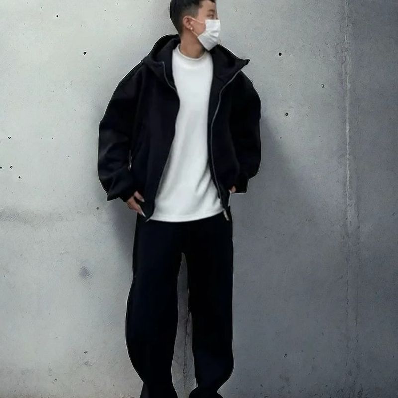 Ensemble de survêtement à capuche épais pour homme – Pull ample et pantalon de jogging (noir/gris, M-3XL)_voghion.com