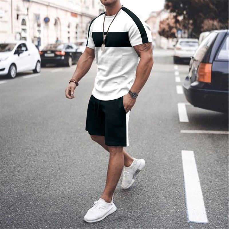 Men's Clothing Suit Summer Fitness Sports Trend Loose Fashion Casual Round Neck T Sleeve Two Piece Suit_voghion.com