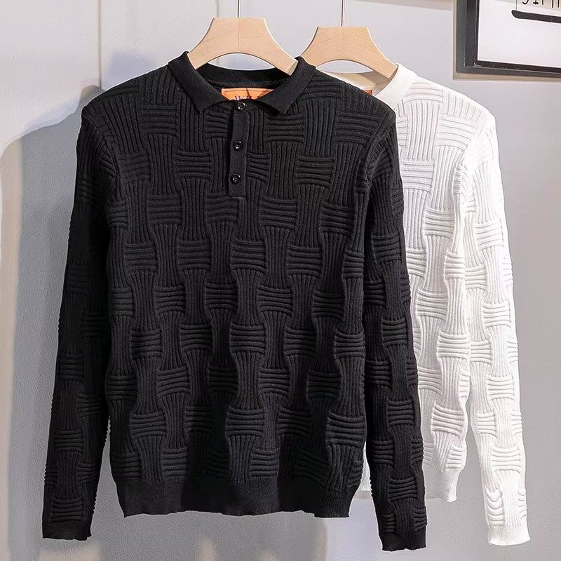 Herrenbekleidung Neues einfarbiges gestricktes Poloshirt Herrenmode-Trend All-Match-Pullover mit Rautenstruktur_voghion.com