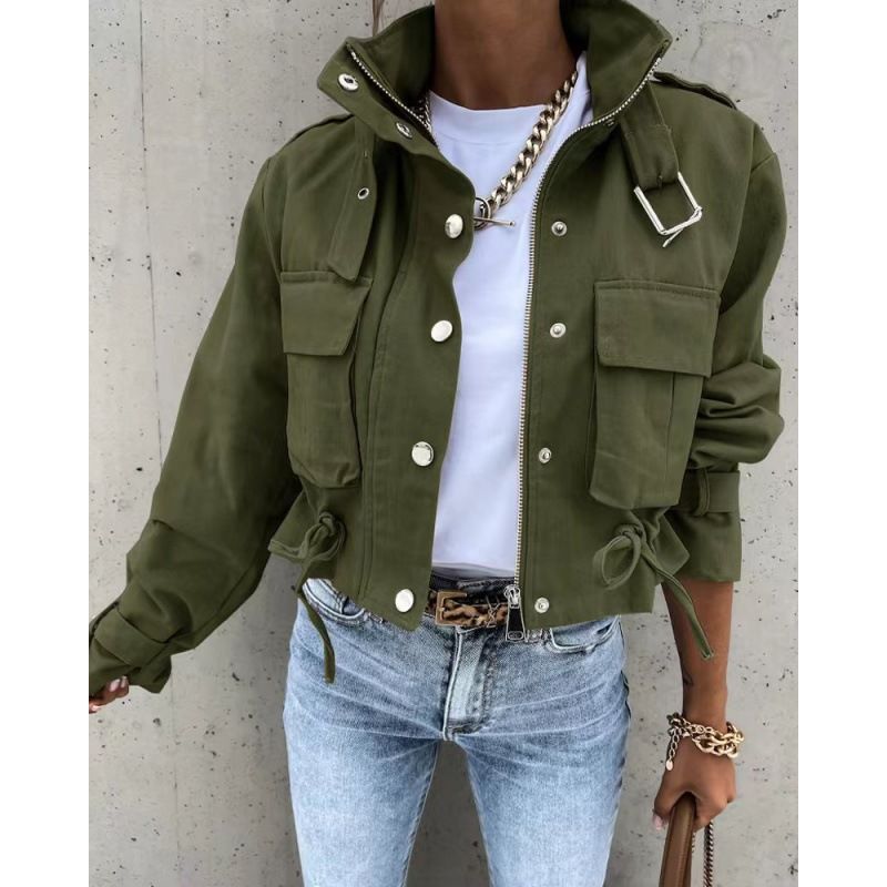 Women's Clothing Stylish British-Inspired Workwear Jacket With Drawstring - Long Sleeve Casual Coat For Fall & Winter (Khaki Print, Army Green, Black)_voghion.com