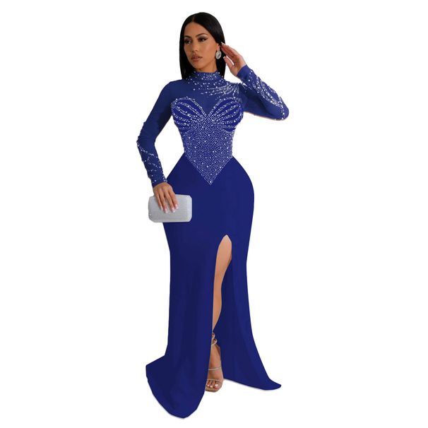 Women's clothing hot diamond pearl see through waist and hip elastic slit dress_voghion.com