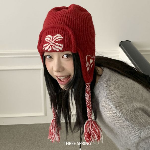 Cappello da sci antivento con paraorecchie e nappe da donna, in maglia, con cravatta e velo, in stile coreano, autunno/inverno 2025, nuovo, a blocchi di colore_voghion.com