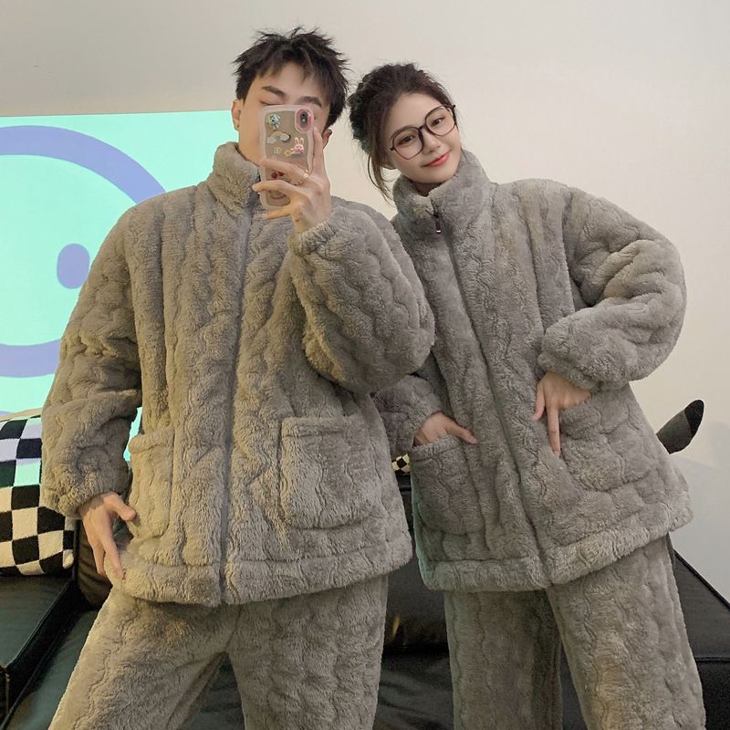 Pijamale lungi din bumbac cu trei straturi, versiune coreeană, pentru bărbați și femei, îngroșate și plușate, simple, de culoare solidă, pentru casă, versiunea 2024_voghion.com