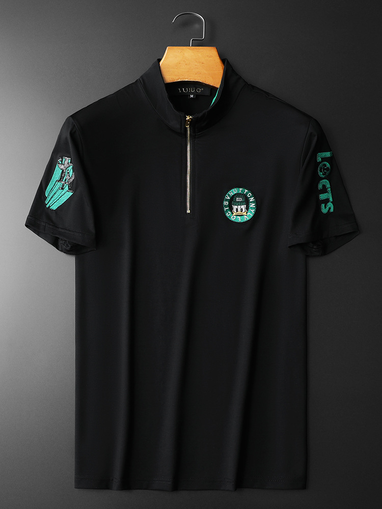 Broderad kortärmad t-shirt för män för män med stativkrage_voghion.com