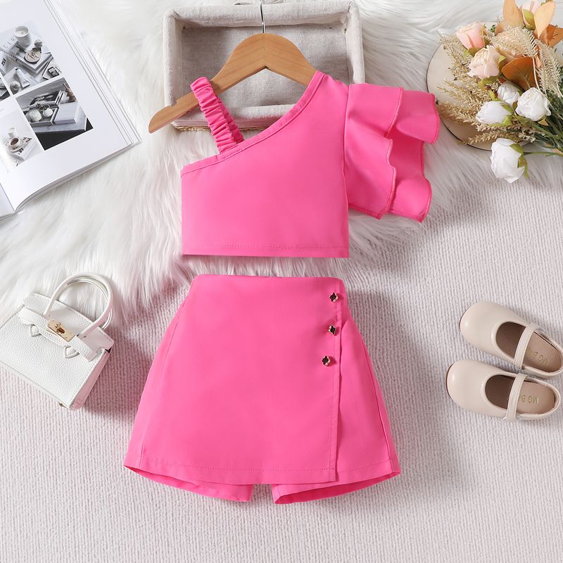 Mère et enfants été couleur unie mode enfants diagonale épaule licou manches volantes haut irrégulière culottes filles costume_voghion.com