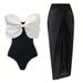 Women's Black & White Tube Top One-Piece Swimsuit With Bow - Stylish Bathing Suit For Women_voghion.com