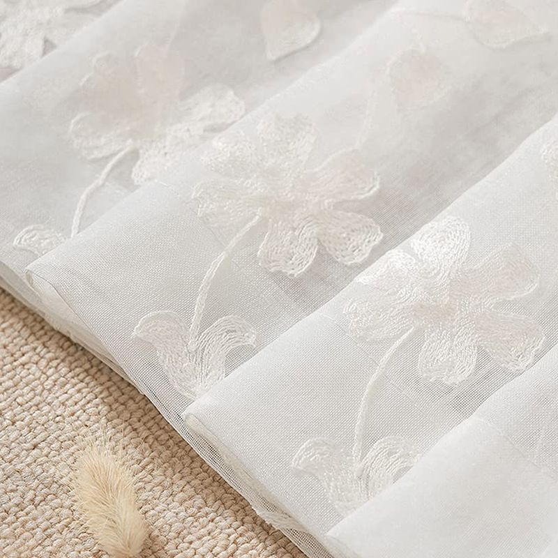 Bohemian White Embroidered Sheer Curtains, Floral Vine Tulle Drapes For Living Room & Bedroom, Ready-to-Hang Rod Pocket Voile Panel_voghion.com